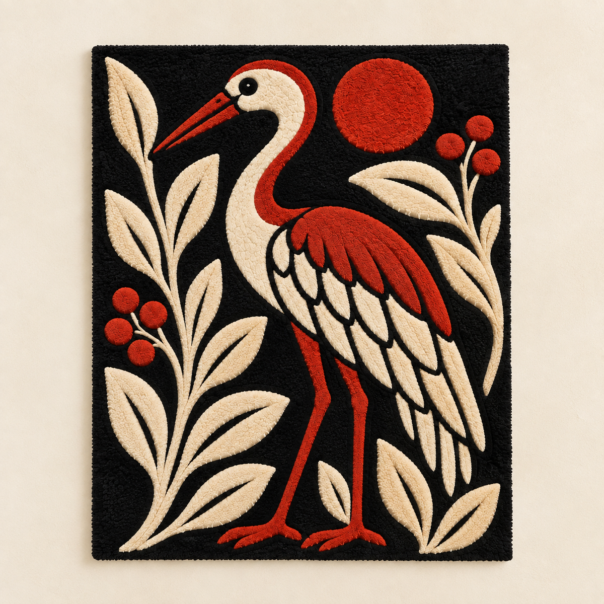 Hewn Earth Crimson Sun Crane wall art featuring a vibrant crimson sun and elegant crane design on a light background.