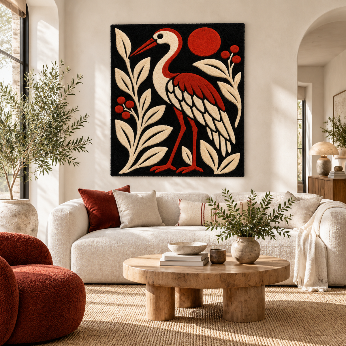 Crimson Sun Crane wall art by Hewn Earth featuring a vibrant red crane bird design on a wall.