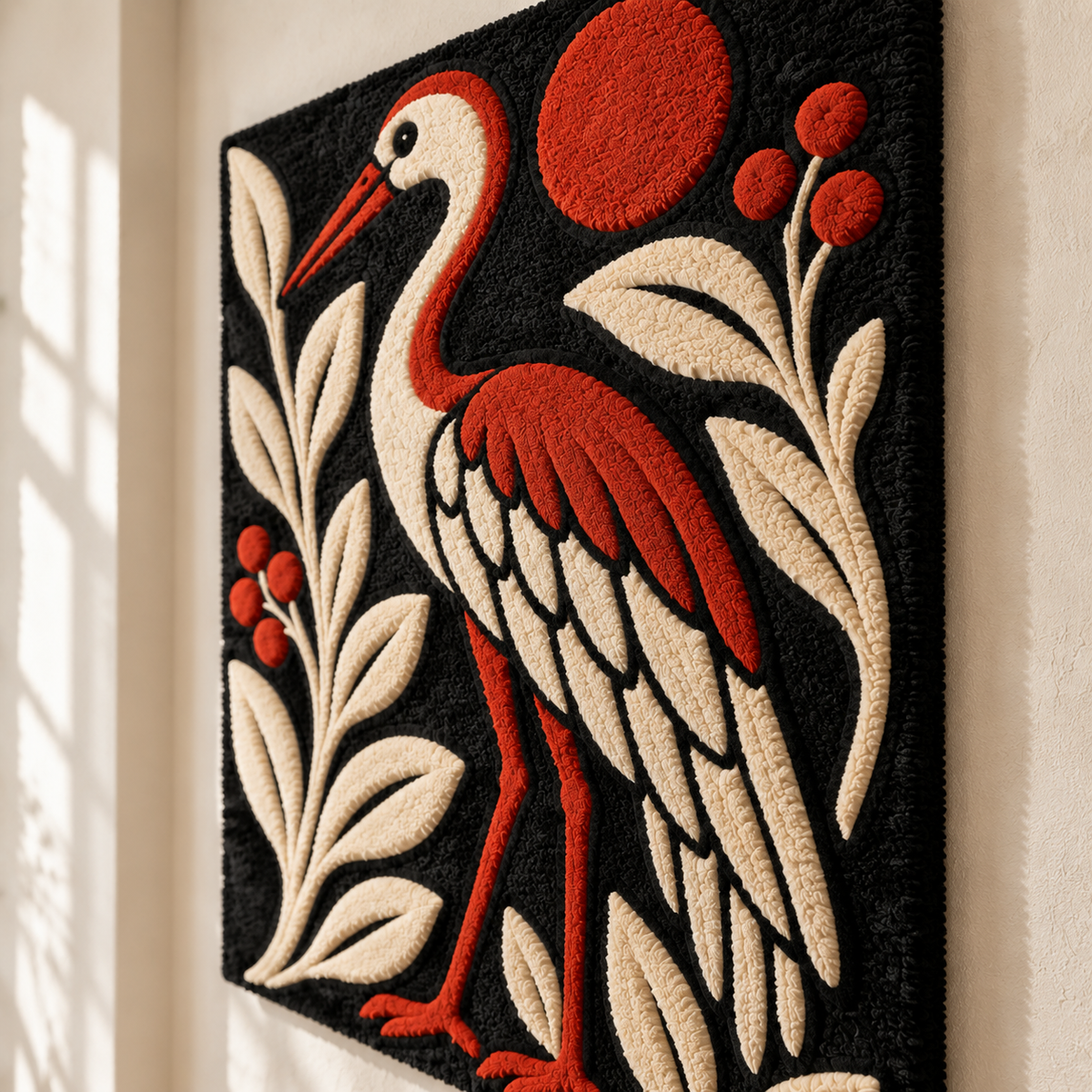 Crimson Sun Crane wall art by Hewn Earth featuring a vibrant red crane design on a textured background.