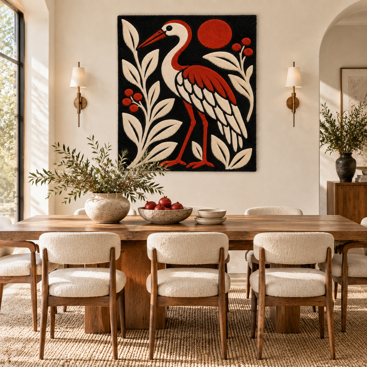 Hewn Earth Crimson Sun Crane wall art displayed in a modern room scene, featuring vibrant red and orange tones and elegant crane design.