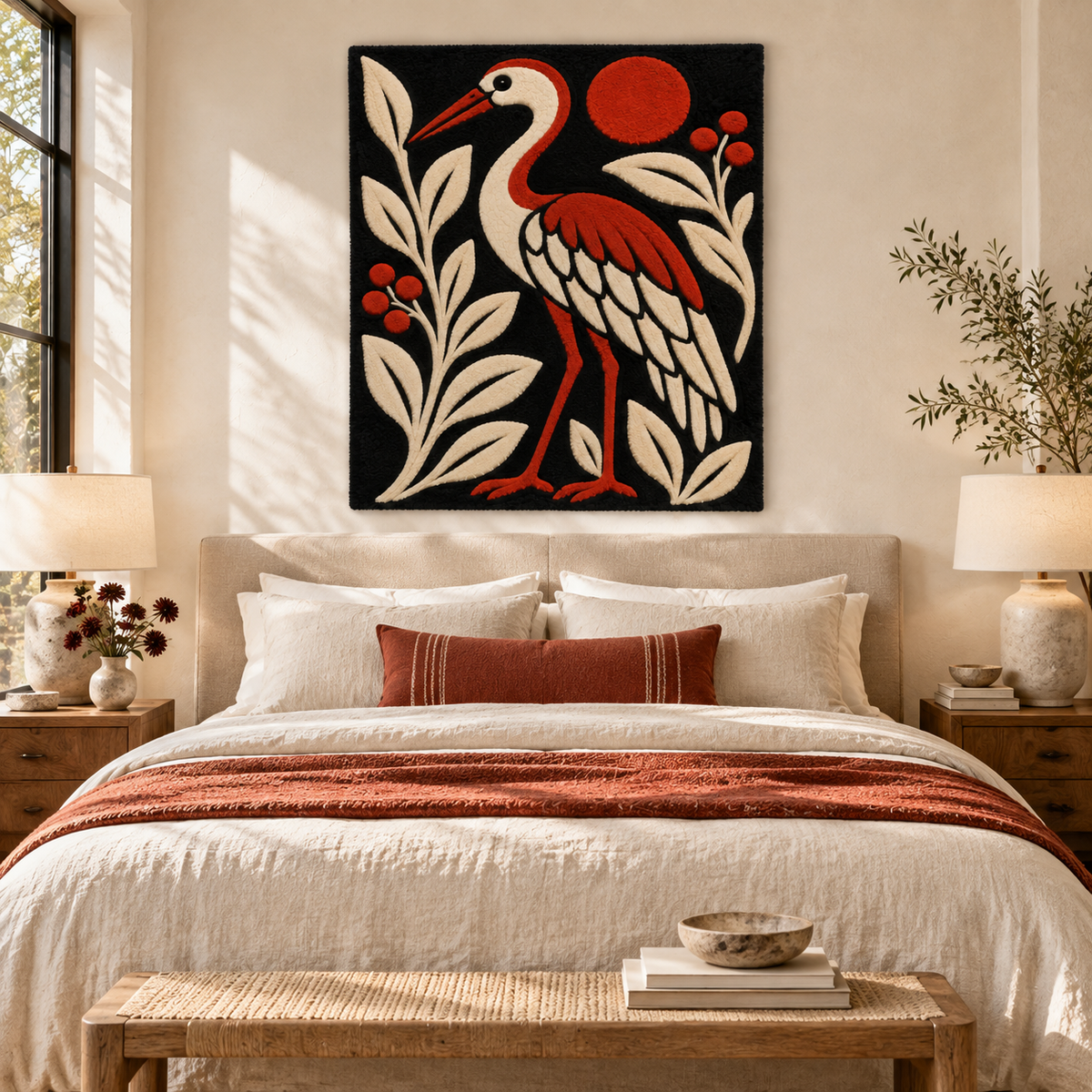 Hewn Earth Crimson Sun Crane wall art hanging in a room, featuring a vibrant crimson sun and elegant crane design.