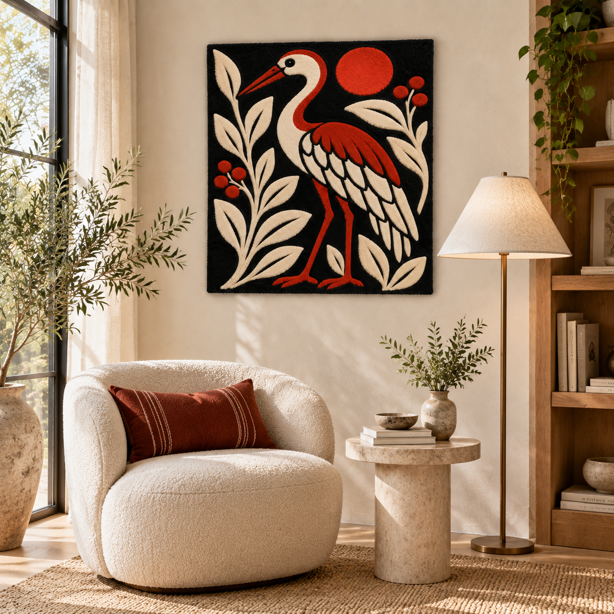Hewn Earth Crimson Sun Crane wall art displayed on a wall in a cozy room, showcasing vibrant red and black crane design.