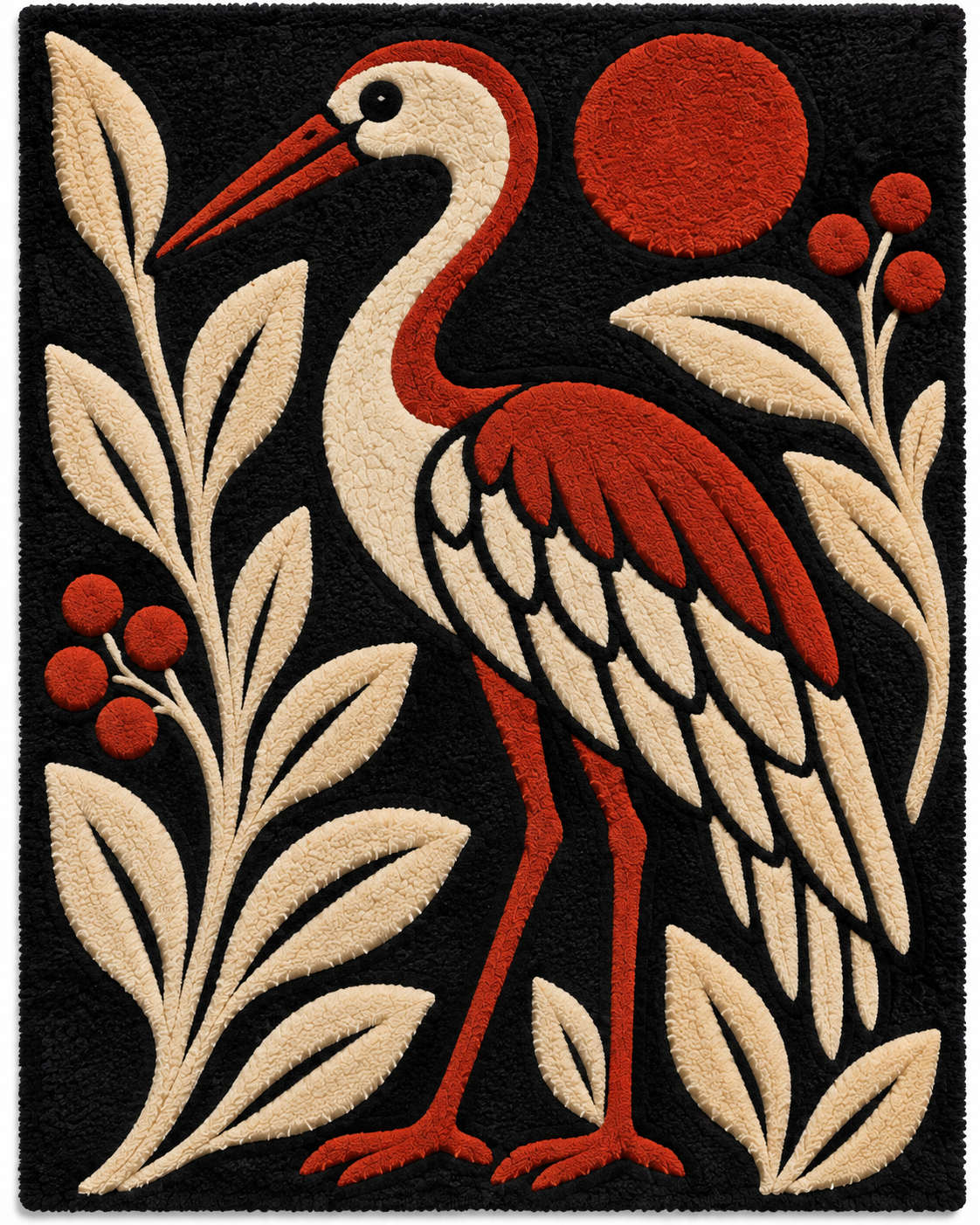 Crimson Sun Crane wall art by Hewn Earth featuring a vibrant red crane design on a textured background.