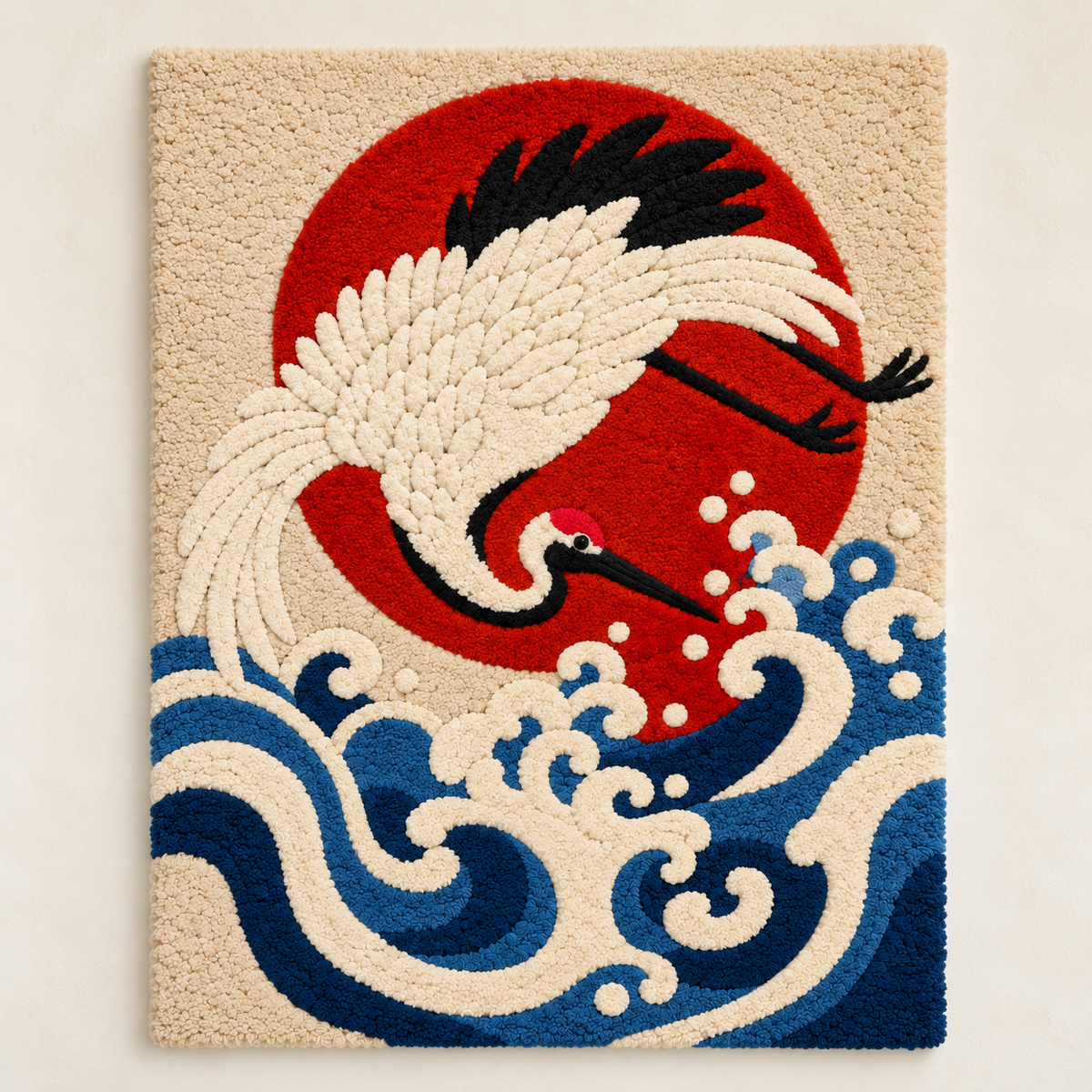 Hewn Earth Crimson Sun Crane Dive wall art featuring a vibrant crimson sun and elegant crane design on a textured background.
