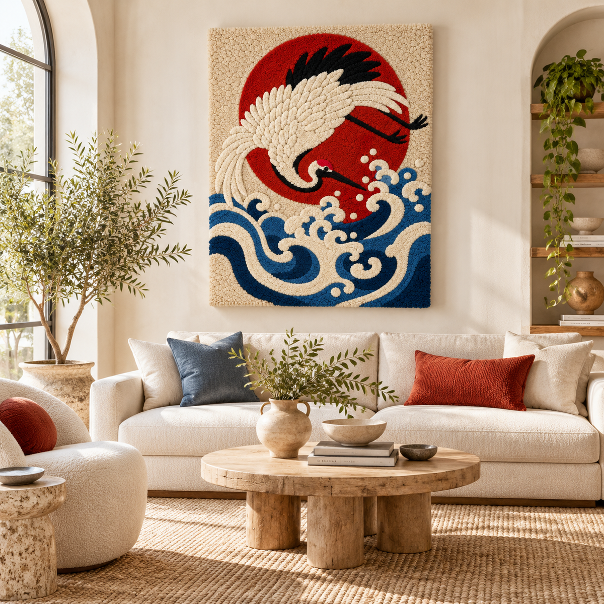 Hewn Earth Crimson Sun Crane Dive wall art featuring a vivid red crane bird in flight, displayed on a modern room wall.
