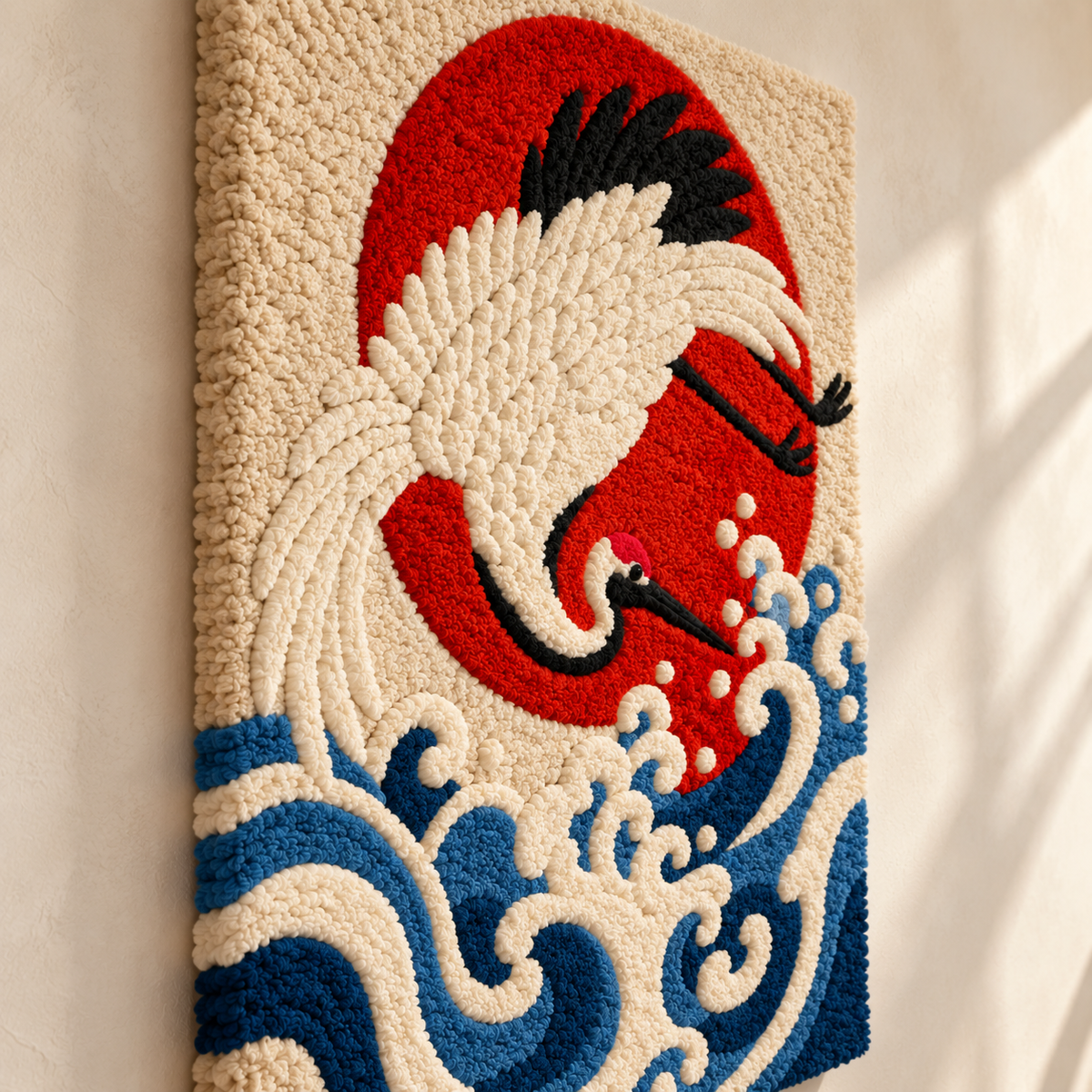 Hewn Earth Crimson Sun Crane Dive wall art featuring a vibrant red crane in flight against a serene background.