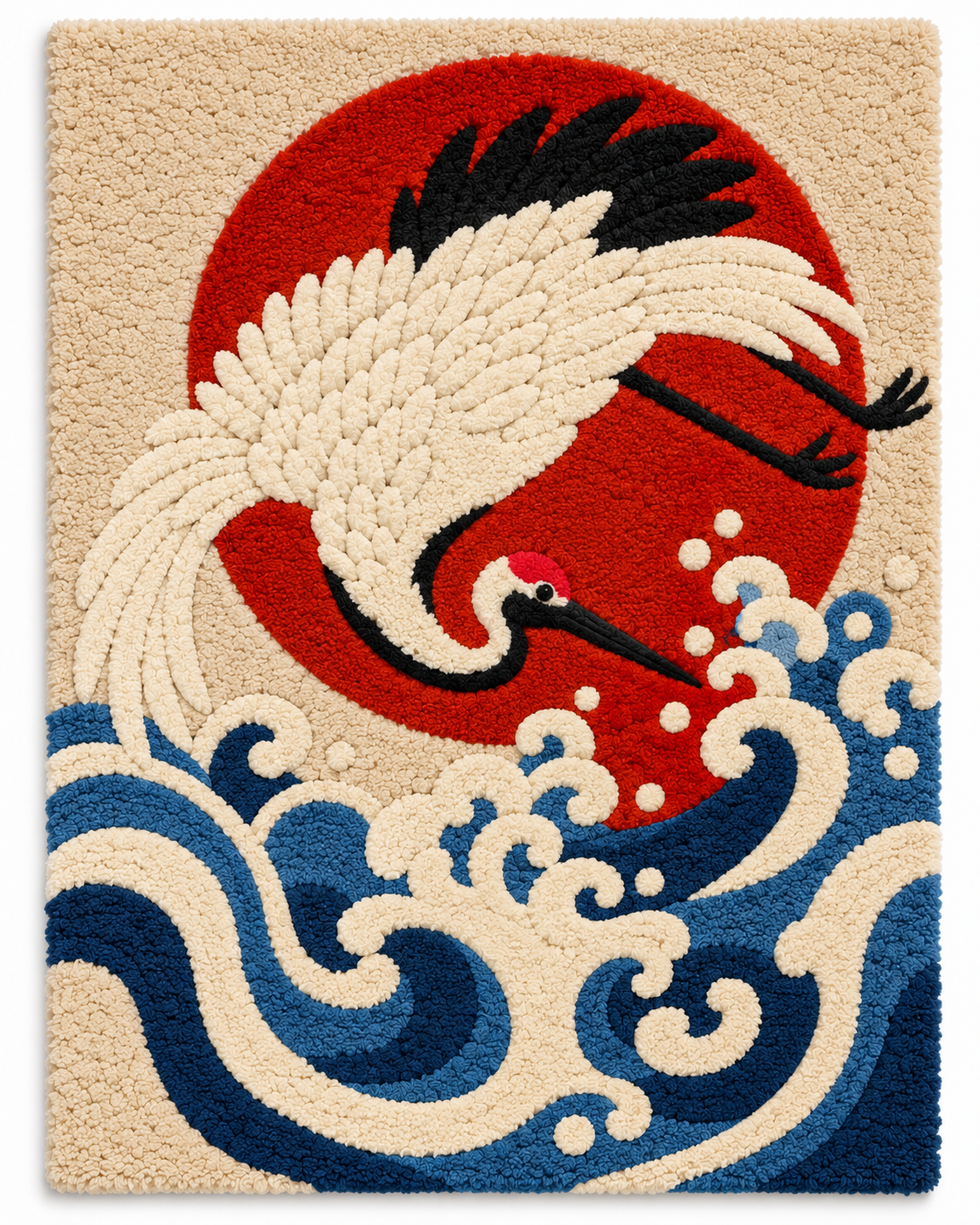 Hewn Earth Crimson Sun Crane Dive wall art featuring a vibrant red crane in flight against a textured background.