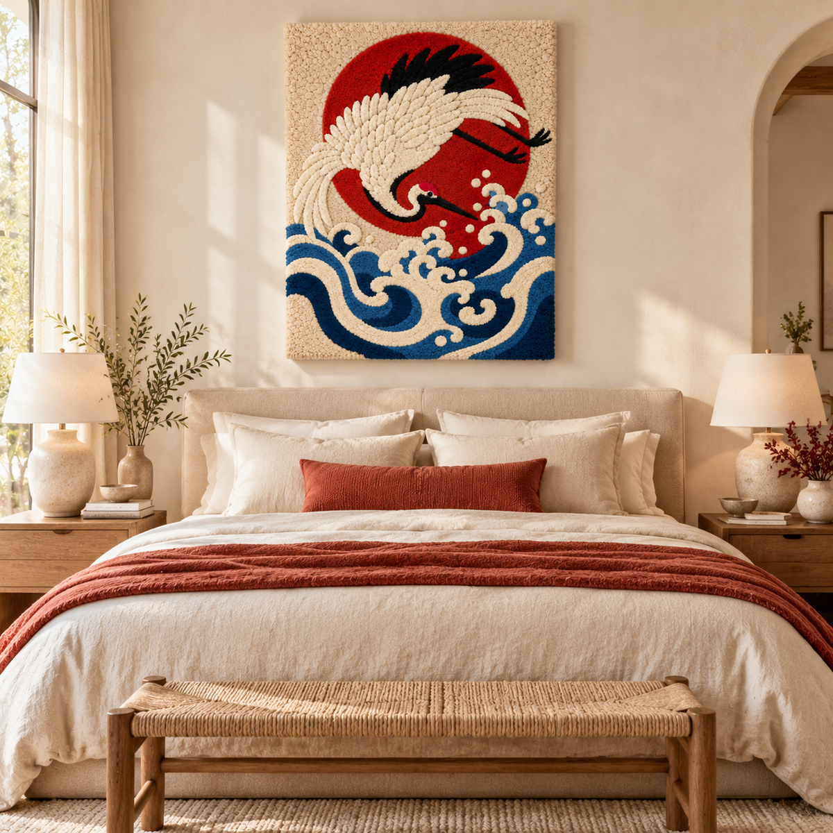 Hewn Earth Crimson Sun Crane Dive wall art displayed in a room scene, showcasing vibrant red crane design on a wall.