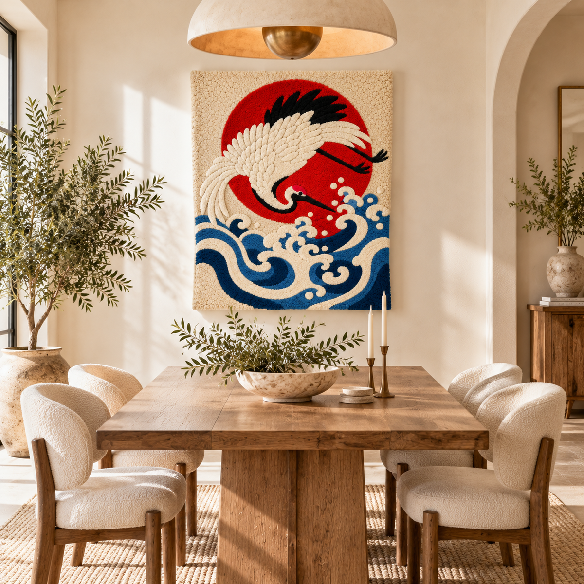 Hewn Earth Crimson Sun Crane Dive wall art featuring a vibrant crimson sun and elegant crane design in a room setting.