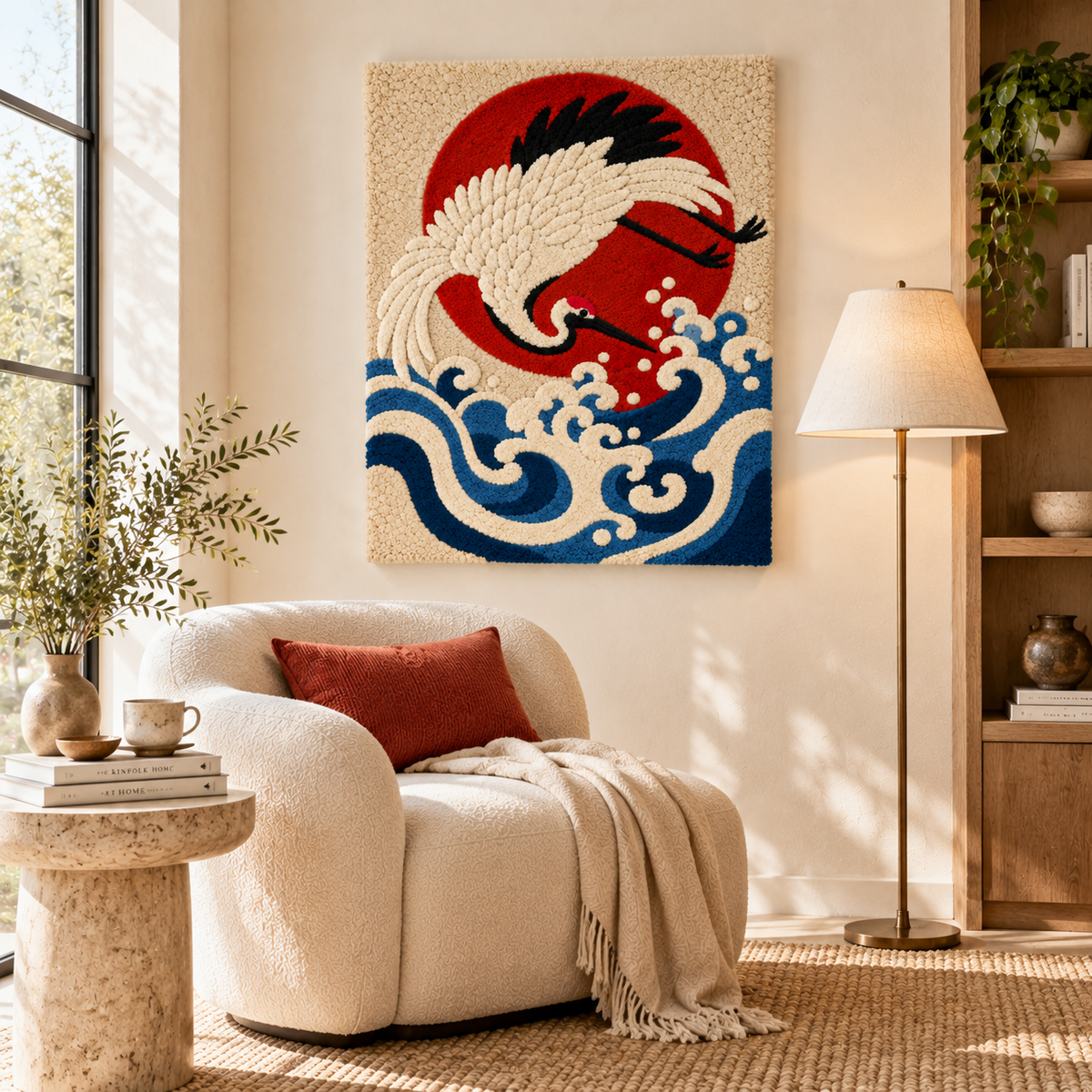 Hewn Earth Crimson Sun Crane Dive wall art hanging on a wall, featuring a vibrant red crane in a serene room setting.