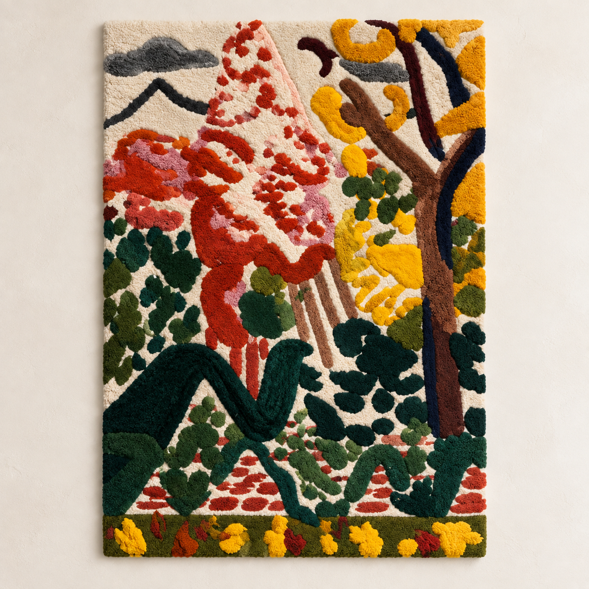 Hewn Earth Crimson Trees of the Hills wall art featuring vibrant red trees against a scenic landscape background.