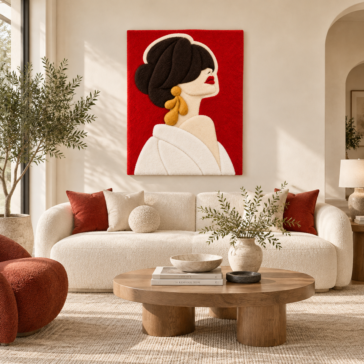 Crimson Upturned Muse wall art by Hewn Earth, featuring abstract red and black design, displayed on a modern room wall.