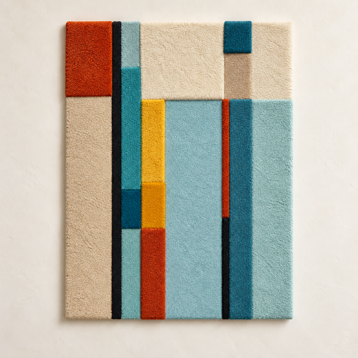 Hewn Earth Cyan Ochre Vertical Ledger wall art with bold vertical stripes in cyan and ochre tones on a light background.