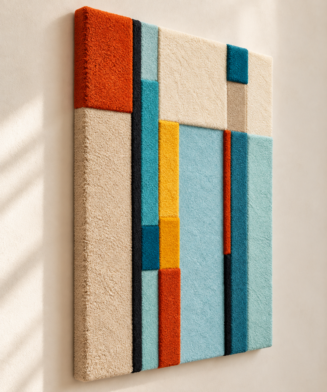 Hewn Earth Cyan Ochre Vertical Ledger wall art features bold cyan and ochre vertical brushstrokes on canvas.