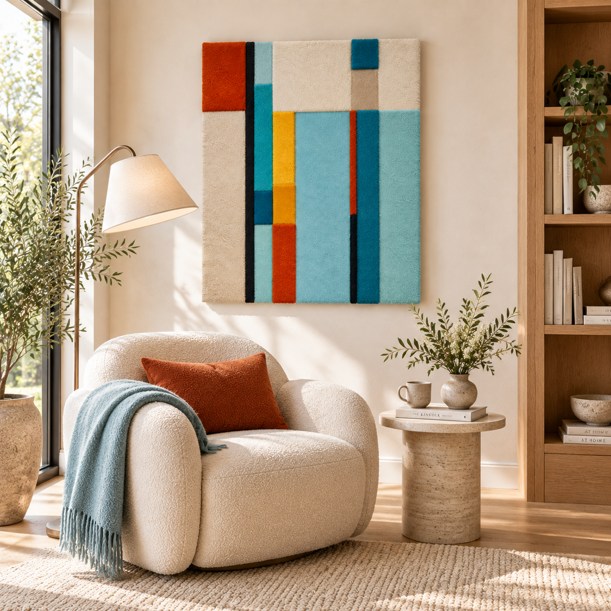 Hewn Earth Cyan Ochre Vertical Ledger wall art featuring a vertical cyan and ochre abstract design for modern interior decor.