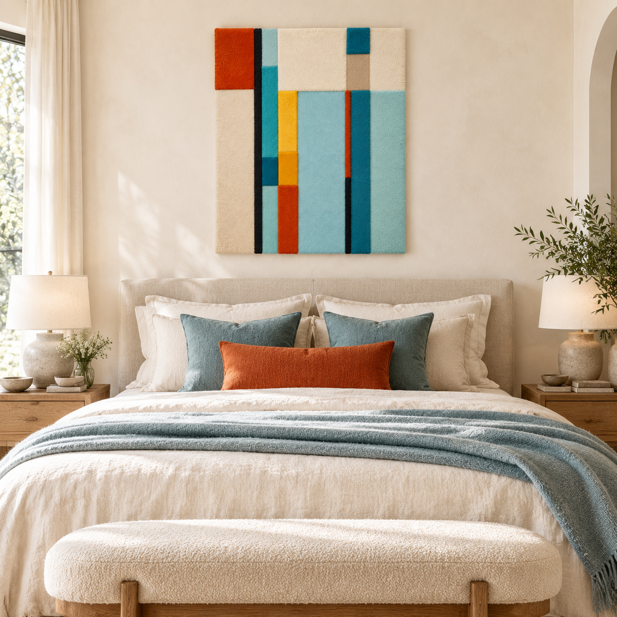 Hewn Earth Cyan Ochre Vertical Ledger wall art with bold cyan and ochre tones, displayed as a room focal point.
