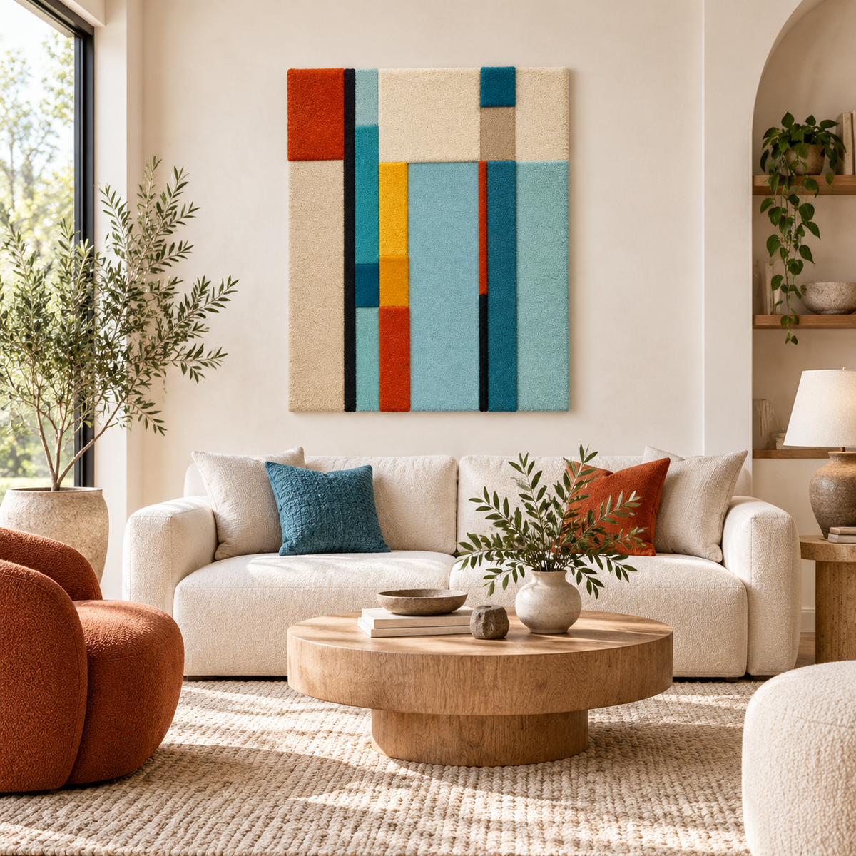Hewn Earth Cyan Ochre Vertical Ledger wall art with abstract cyan and ochre tones hanging on a modern room wall