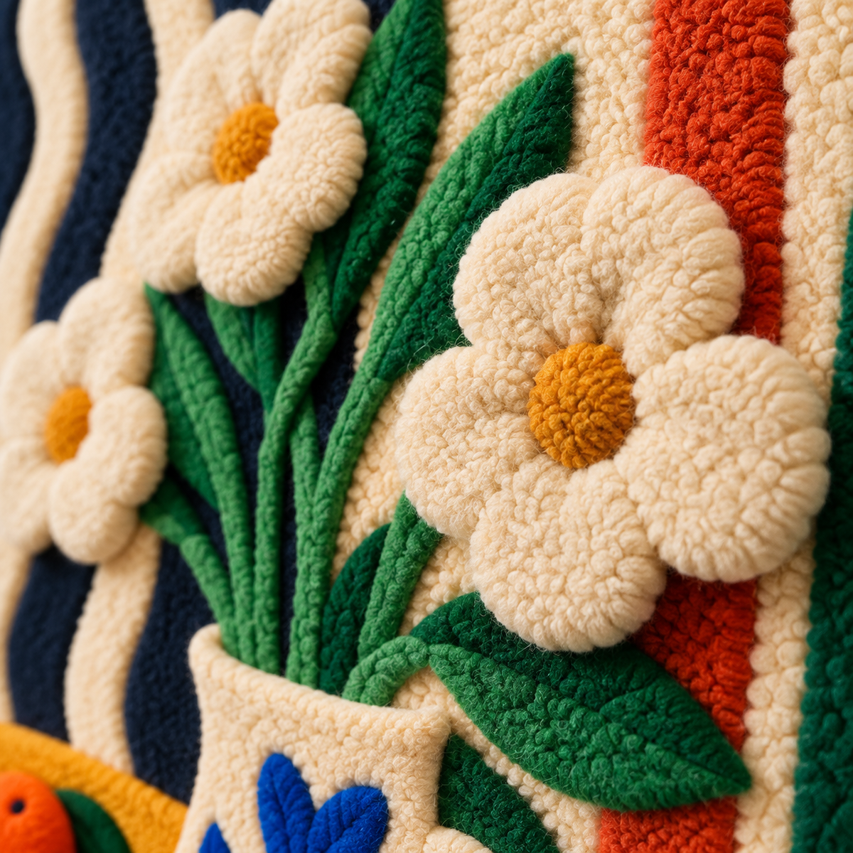 Daisies at the Riviera Window — tufted wool texture detail