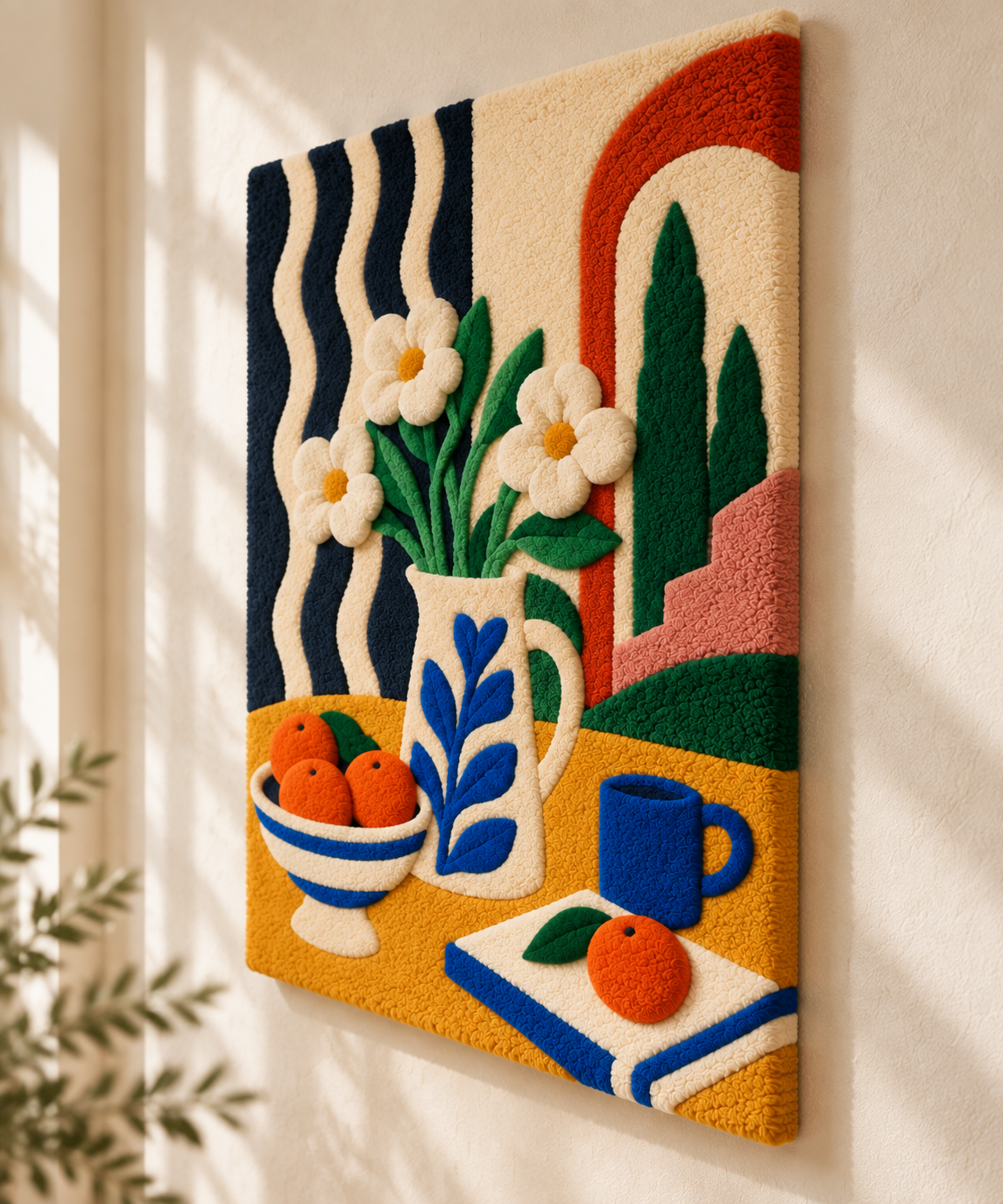 Daisies at the Riviera Window — angled relief view