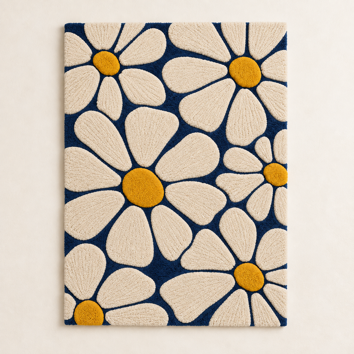 Hewn Earth Daisy Meadow wall art in navy and gold featuring a floral design on a light background.
