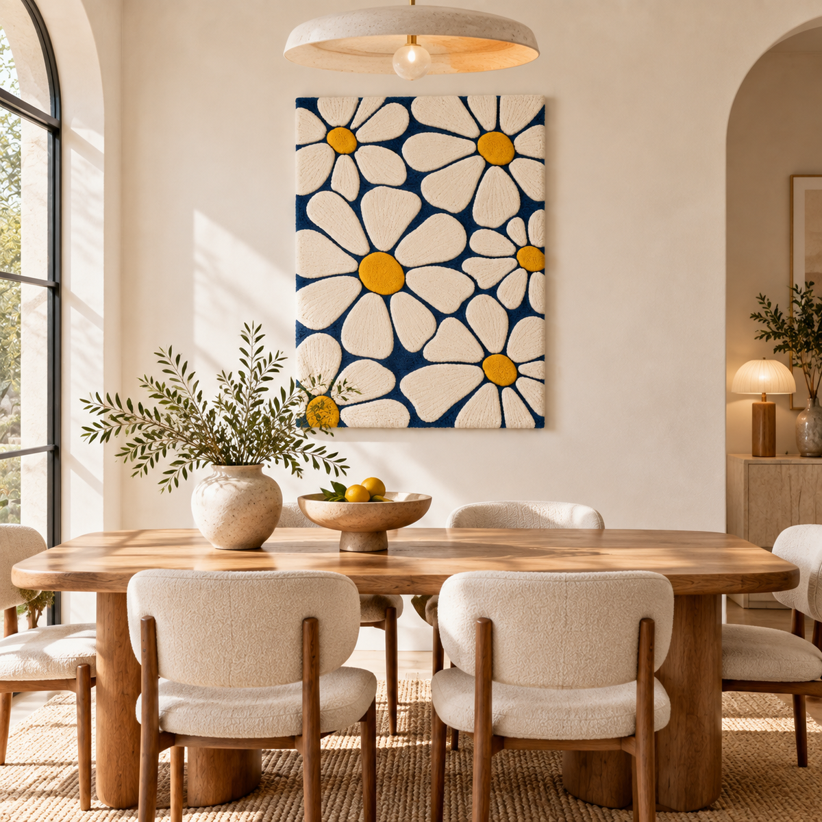 Hewn Earth Daisy Meadow wall art in navy and gold displayed in a room scene with modern decor and natural lighting.