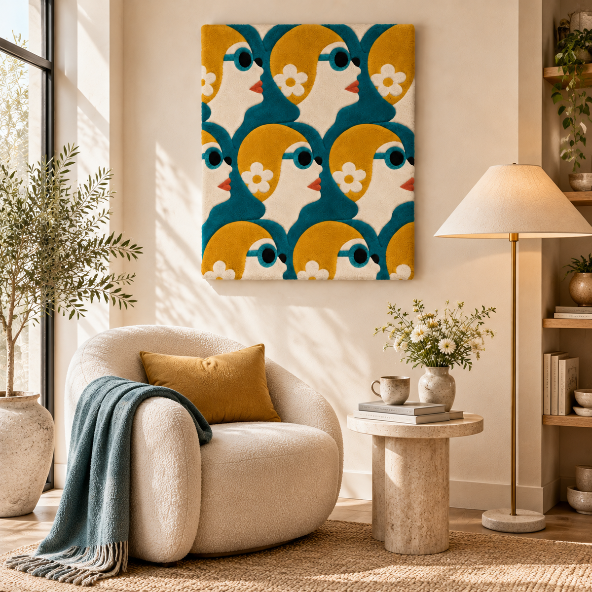 Hewn Earth Daisy Sunglass Chorus wall art hanging on a room wall with a bright, artistic floral design in a modern interior.