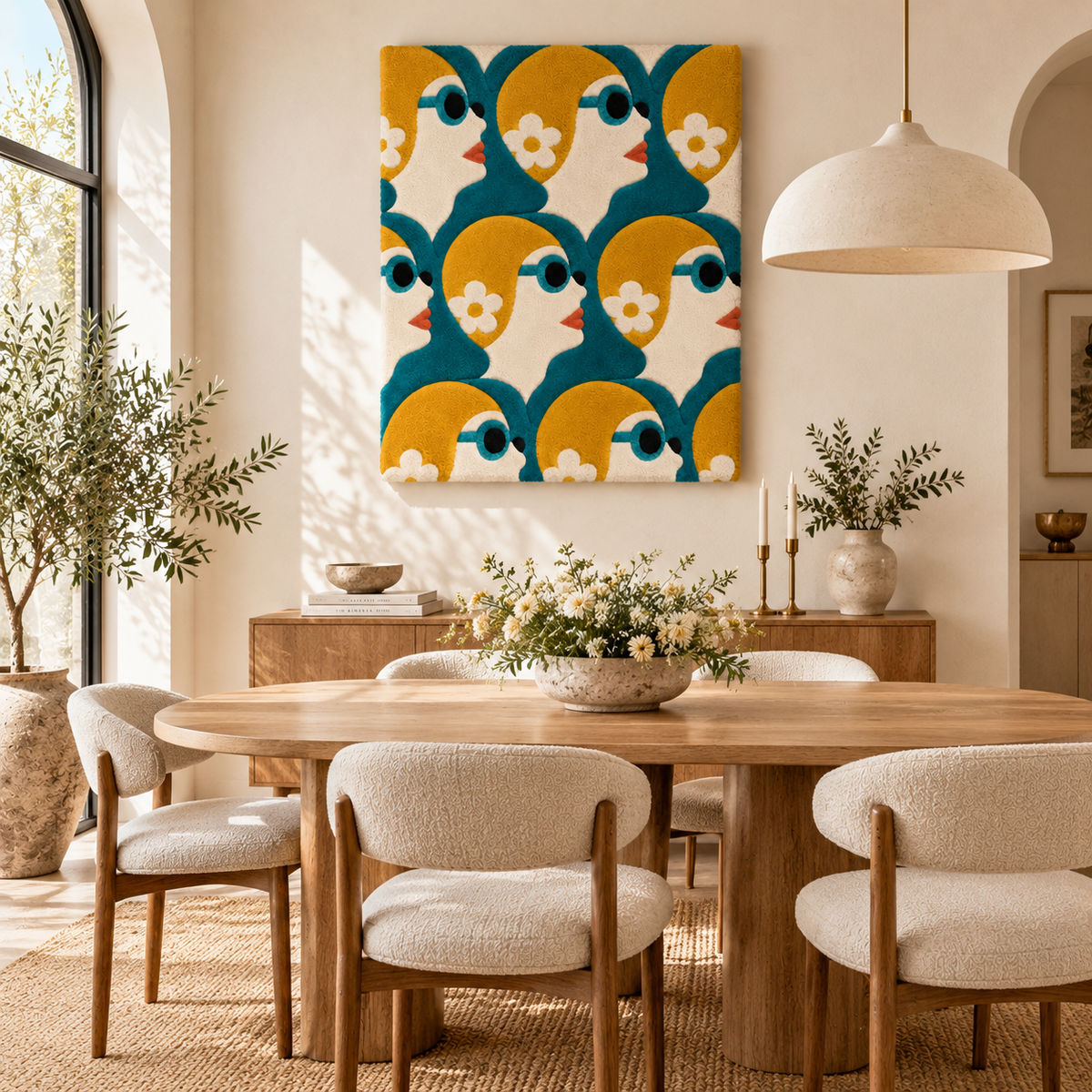Hewn Earth Daisy Sunglass Chorus wall art hanging in a modern room with neutral decor, showcasing vibrant floral design