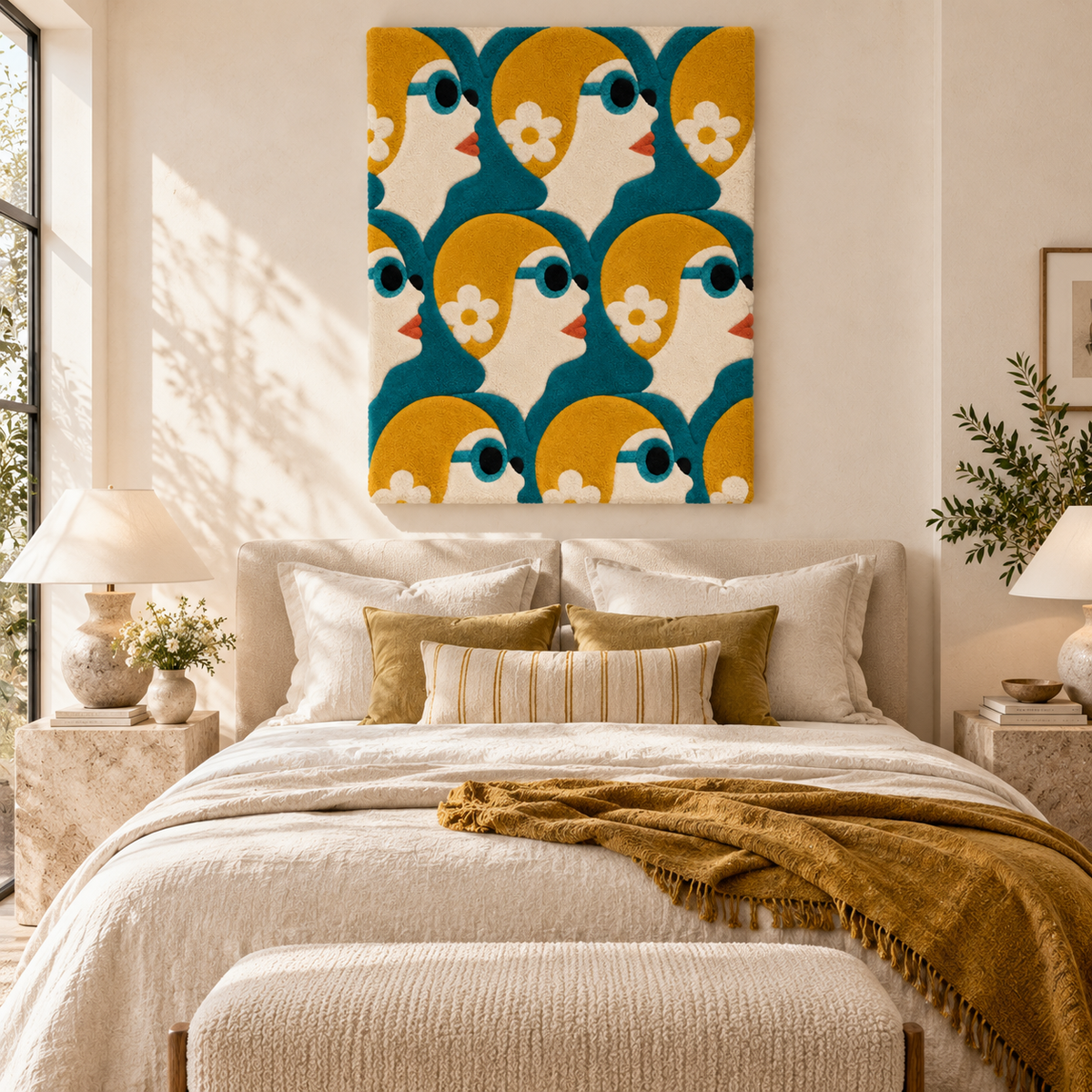 Hewn Earth Daisy Sunglass Chorus wall art hanging in a room, featuring vibrant floral and sunglass design on a plain background.