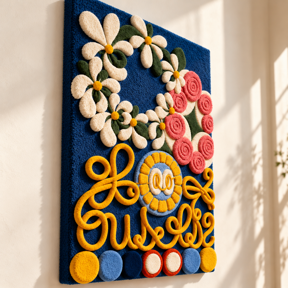 Daisy Wreath and Ribbons by Hewn Earth Studio — angled relief view