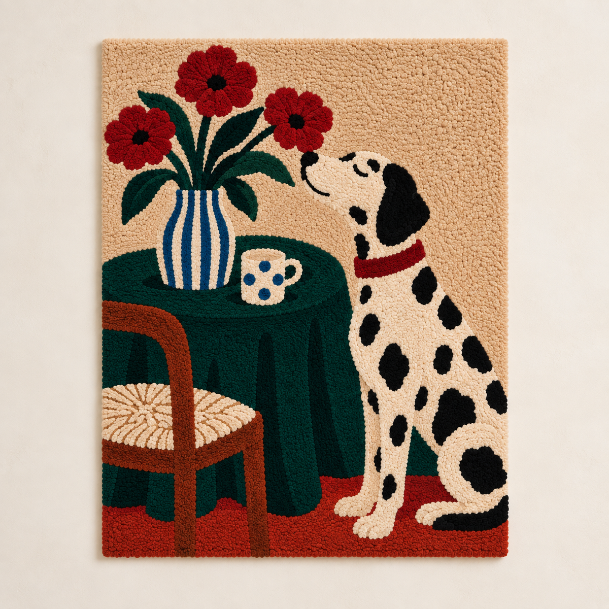 Dalmatian dog wall art by Hewn Earth featuring a Dalmatian sitting at a colorful poppy table in a vibrant, artistic scene.