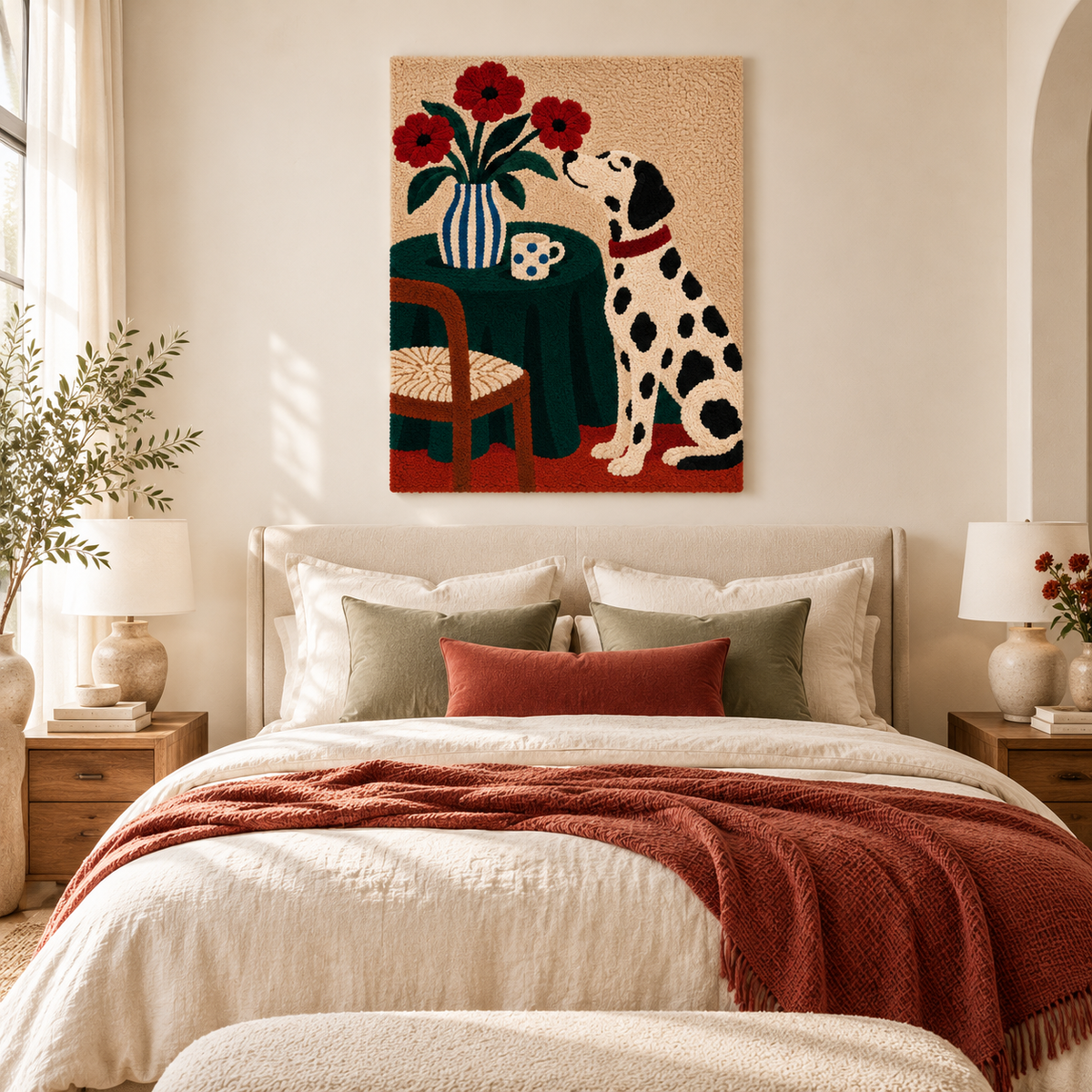 Hewn Earth wall art featuring a Dalmatian sitting at a poppy-covered table in a cozy room scene.