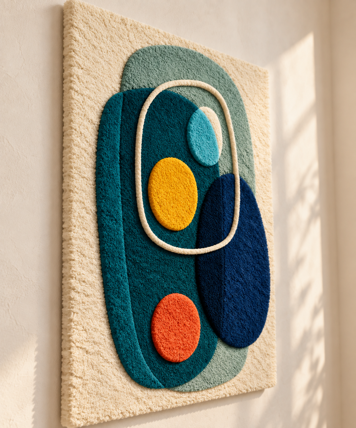 Hewn Earth Deepwater Pebble Orbit wall art featuring layered, rounded pebble design in natural tones, displayed from an angled view.
