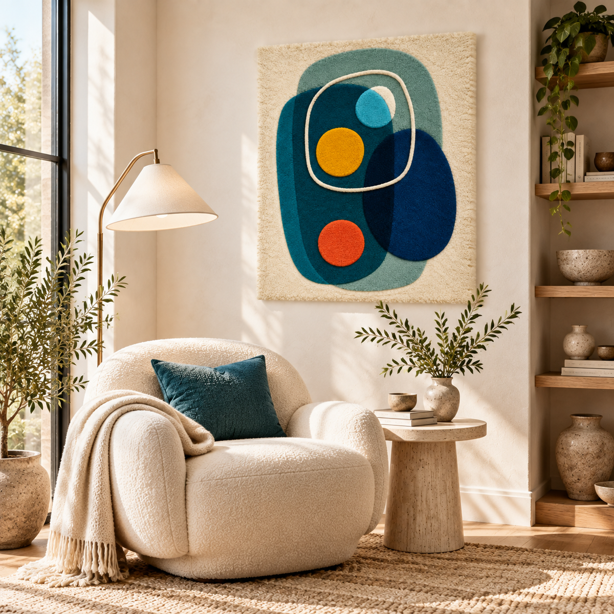 Hewn Earth Deepwater Pebble Orbit wall art featuring circular pebble design in natural tones hanging on a room wall
