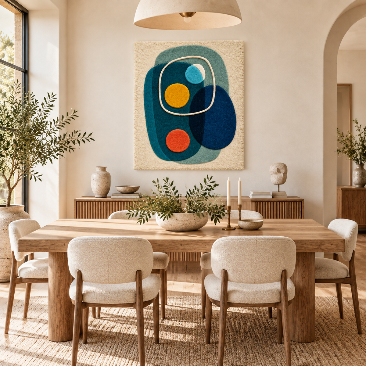 Hewn Earth Deepwater Pebble Orbit wall art featuring round, textured pebbles arranged in an artistic orbit design on a room wall.