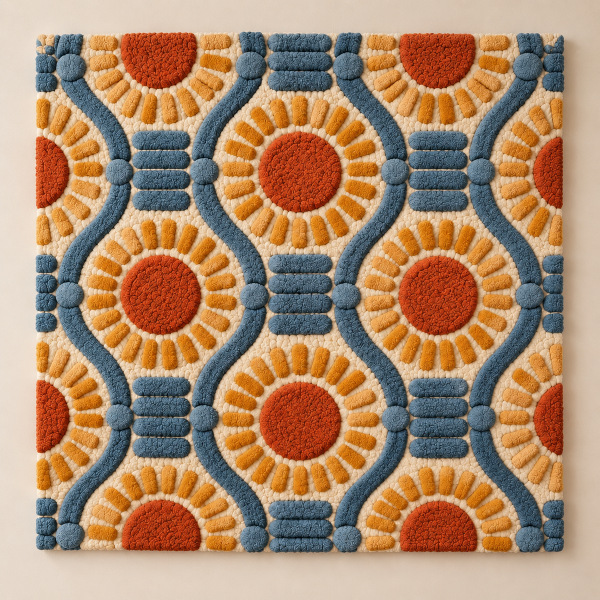 Hewn Earth denim lattice sunflower discs wall art featuring denim fabric and sunflower design, decorative home wall decor.