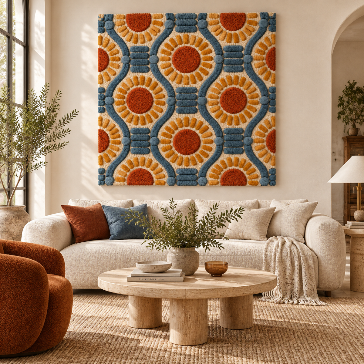 Hewn Earth denim lattice sunflower discs wall art hanging on a room wall, showcasing textured denim and sunflower design.