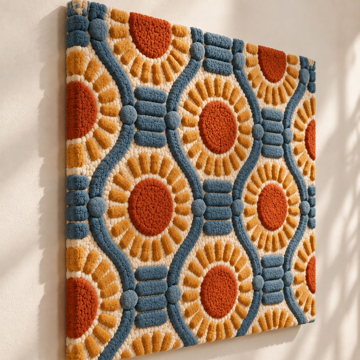 Hewn Earth denim lattice sunflower discs wall art with a textured denim design and sunflower pattern, displayed at an angle.