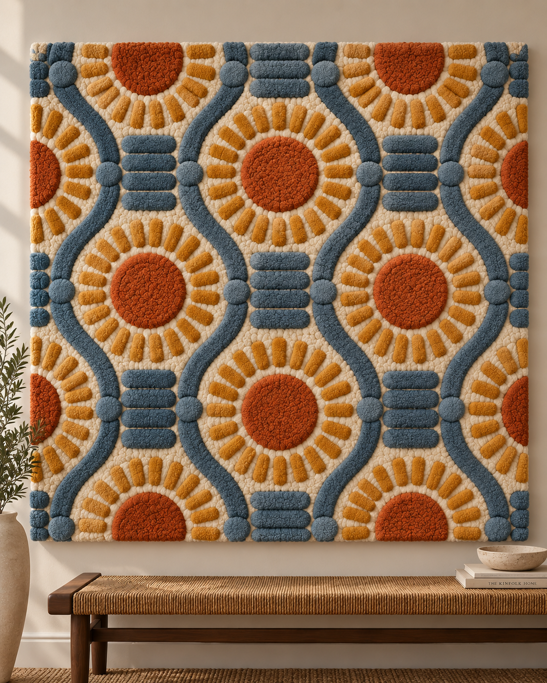 Hewn Earth denim lattice sunflower discs wall art featuring denim fabric and sunflower design on a decorative wall piece.
