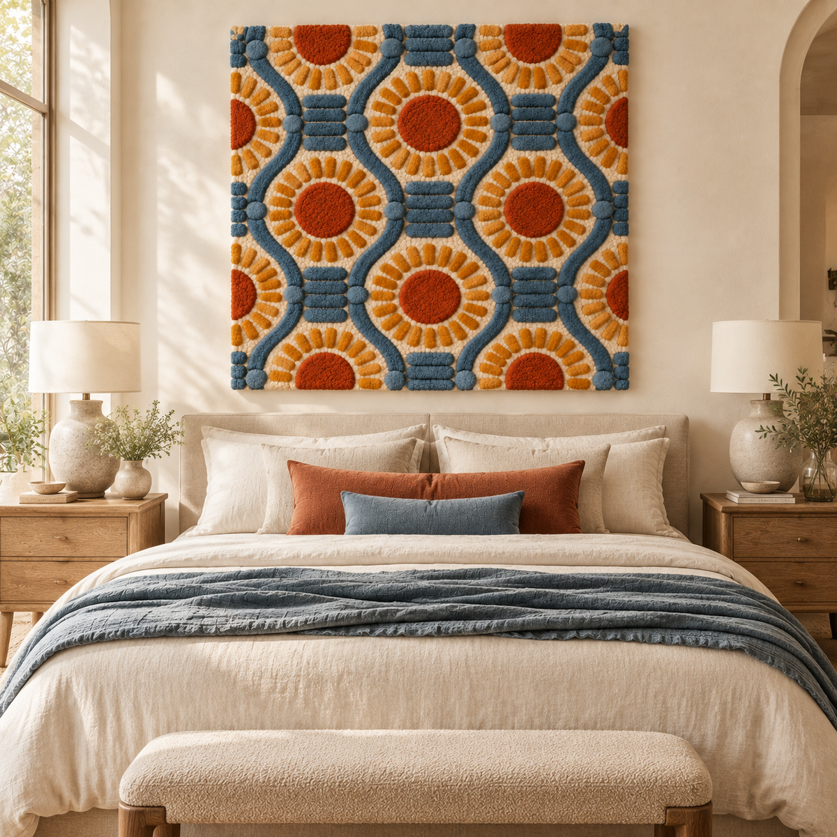 Hewn Earth denim lattice sunflower discs wall art hanging on a room wall with a cozy, modern interior setting.