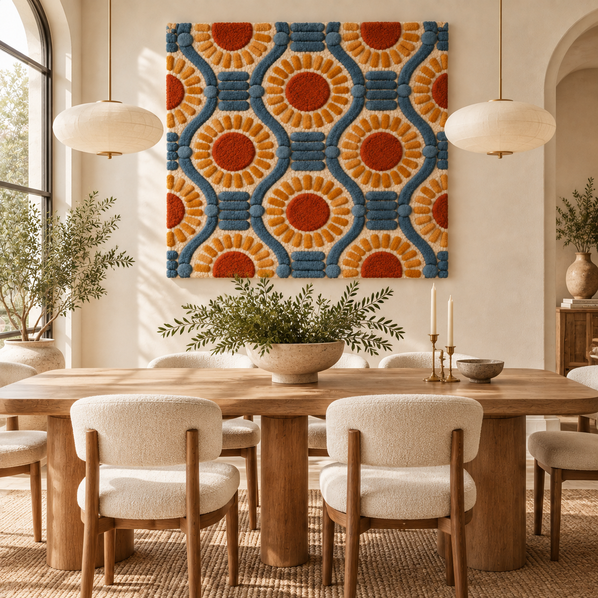 Hewn Earth denim lattice sunflower discs wall art displayed on a room wall, featuring denim fabric and sunflower design.