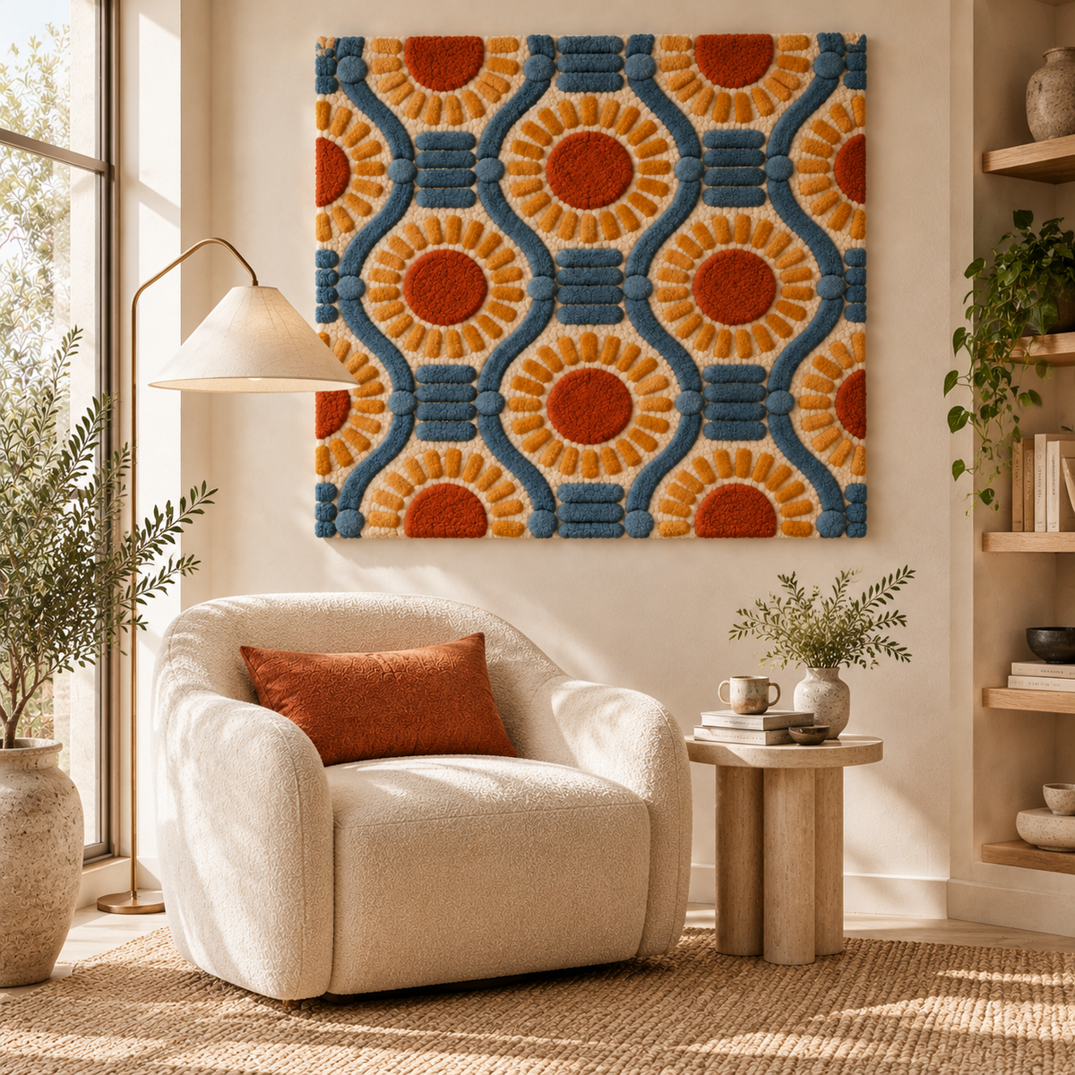 Hewn Earth denim lattice sunflower discs wall art displayed in a modern room setting, showcasing textured blue denim and sunflower design.