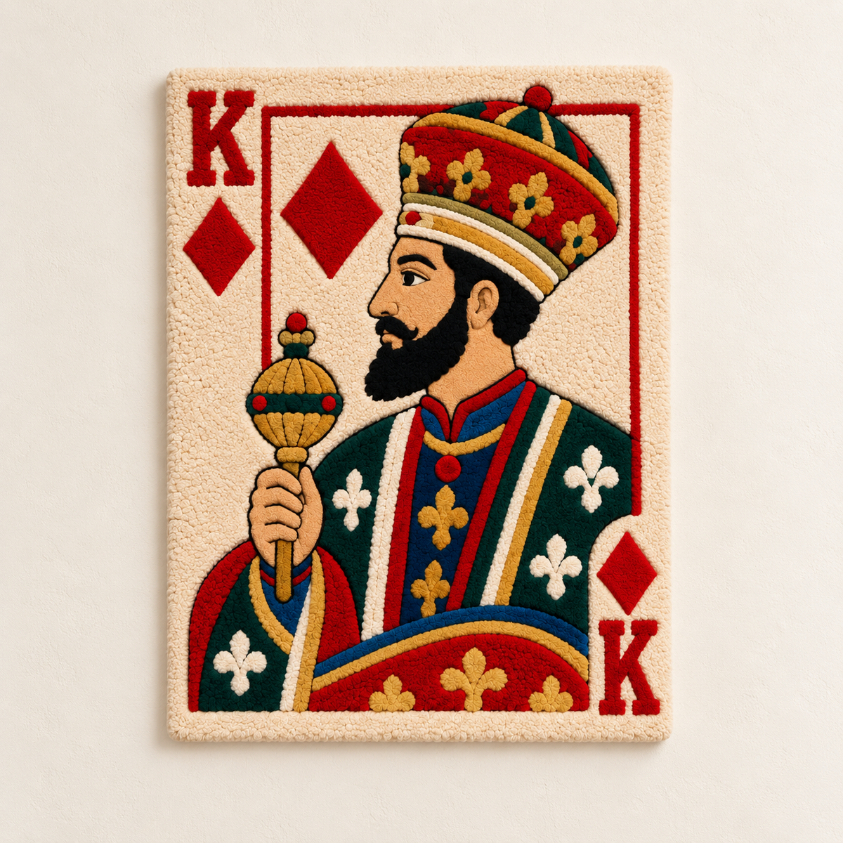 Hewn Earth wall art featuring a diamond king holding a golden scepter, detailed illustration with vibrant colors and regal design.