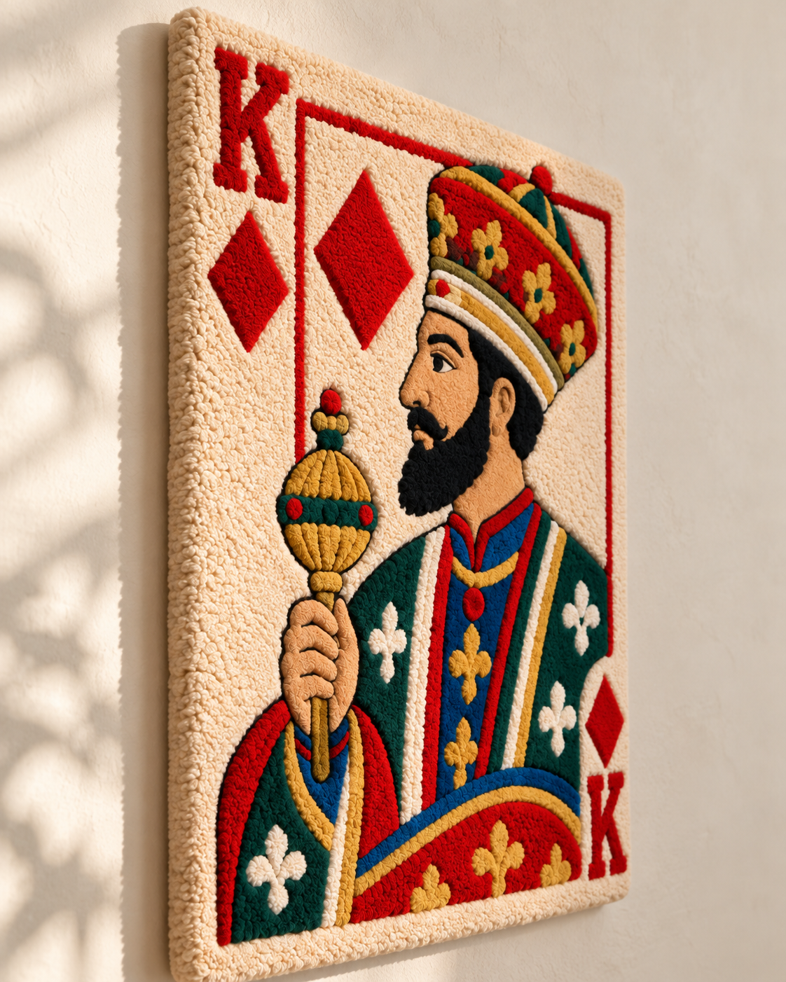 Hewn Earth Diamond King wall art featuring a regal figure holding a golden scepter, detailed design against a neutral background