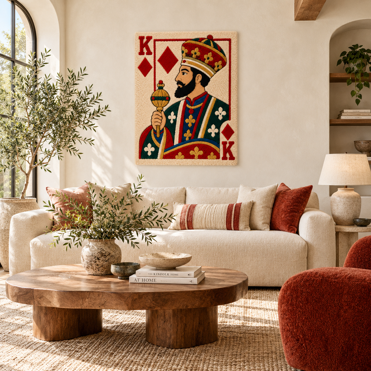 Hewn Earth wall art featuring a diamond king holding a golden scepter, detailed illustration of regal figure on a decorative wall piece.