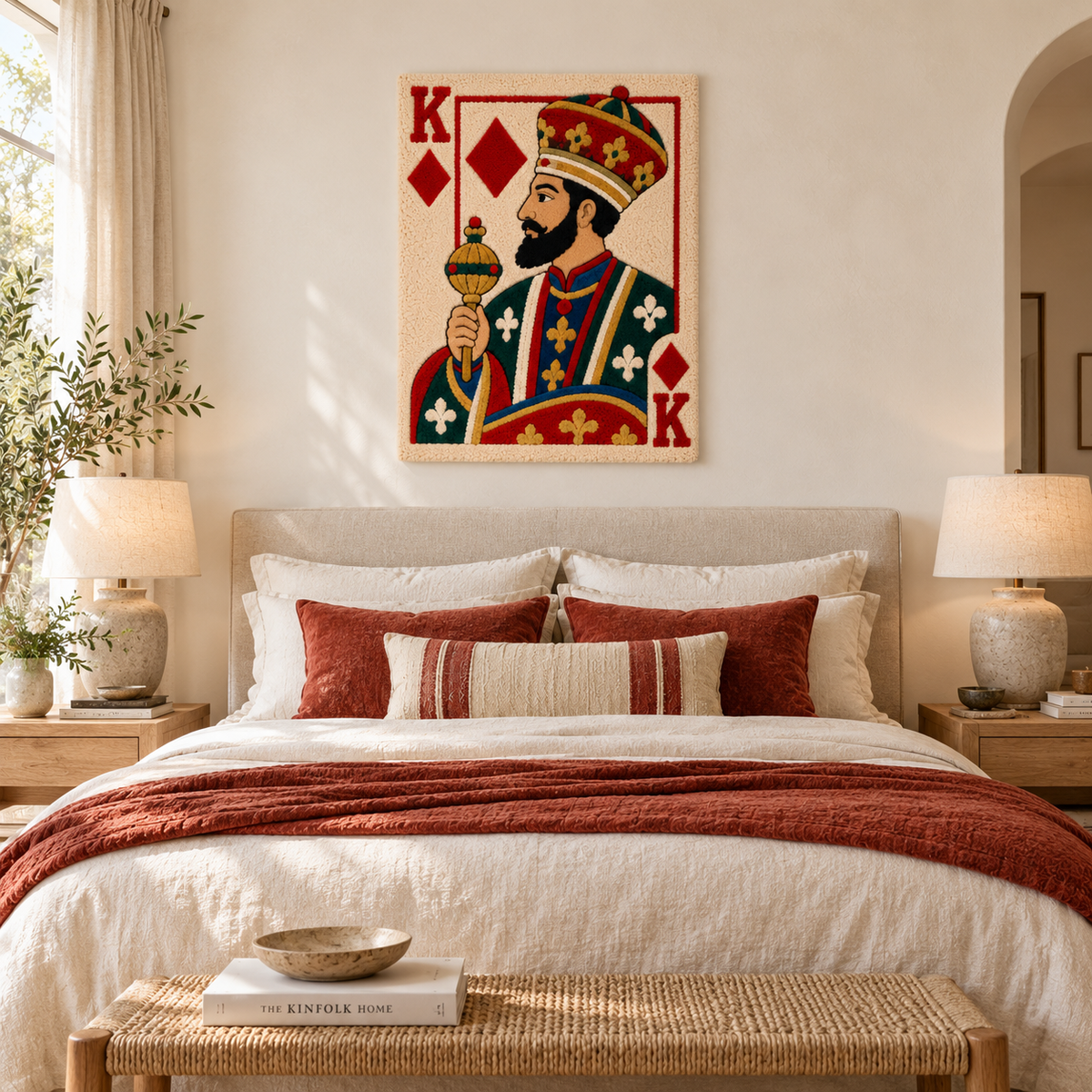 Hewn Earth wall art featuring a regal diamond king holding a golden scepter, detailed and vibrant design for room decor.