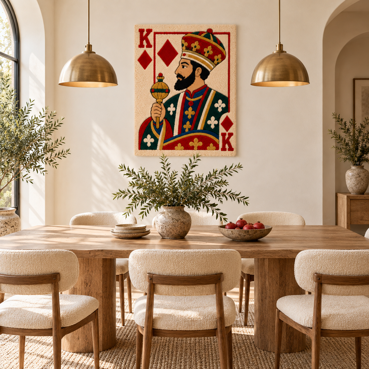 Hewn Earth Diamond King wall art featuring a regal figure holding a golden scepter, displayed in a room setting.