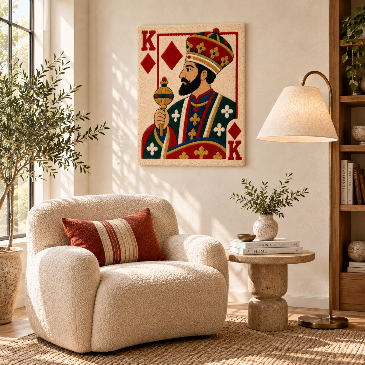 Hewn Earth Diamond King wall art featuring a regal figure holding a golden scepter, displayed on a room wall.