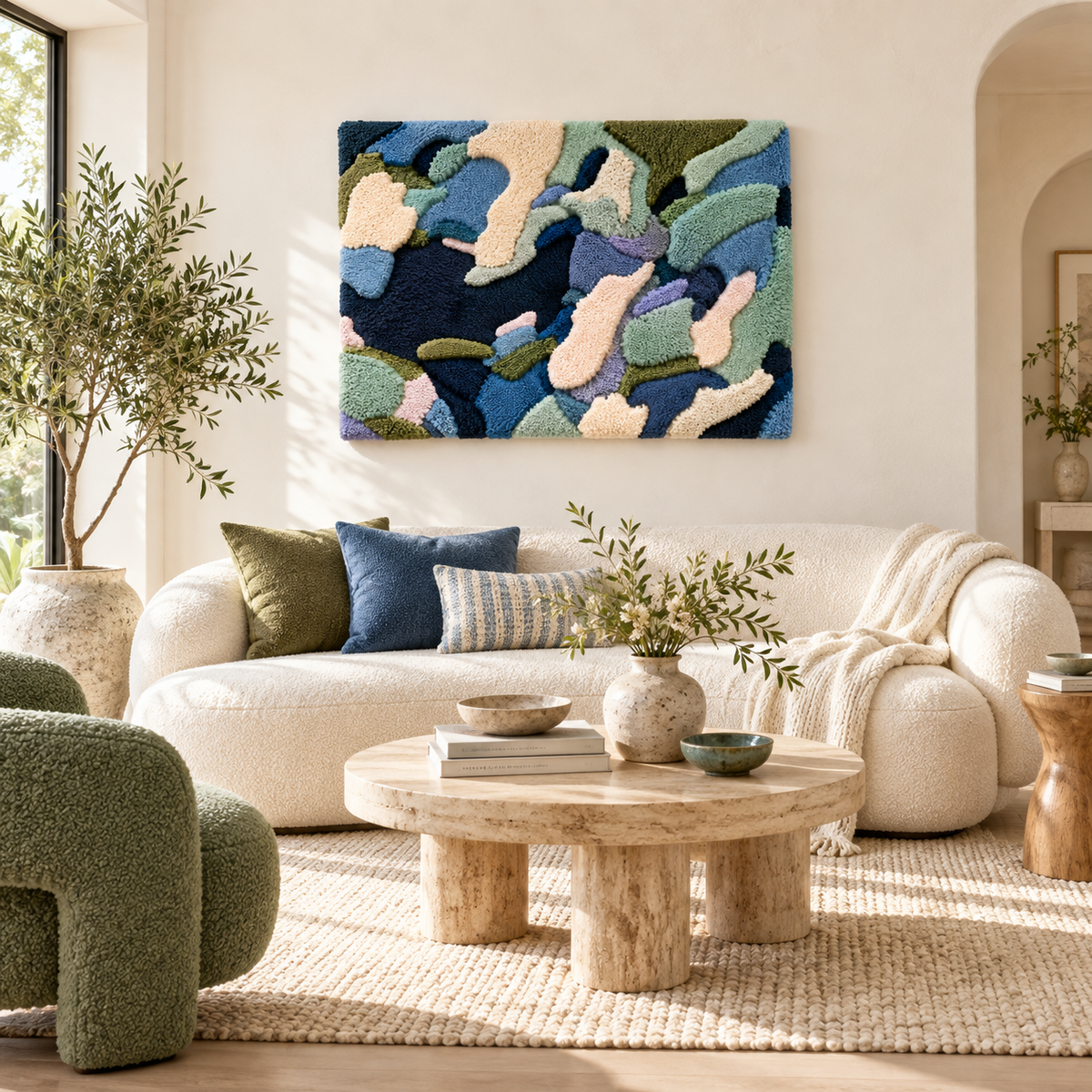 Drifting Blue Forms — front-facing room scene