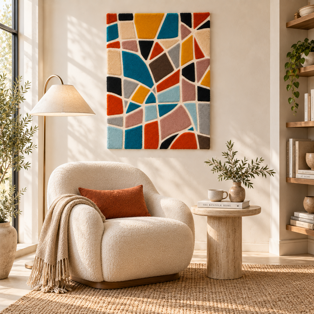 Hewn Earth wall art featuring earth and sea tesserae with a natural, textured design on a room wall.