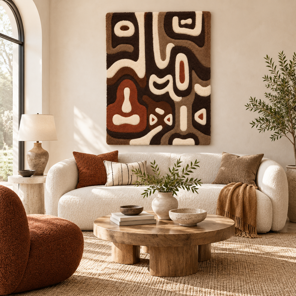 Hewn Earth Earthen Glyph Meander wall art featuring intricate geometric patterns in earthy tones, displayed on a neutral wall.
